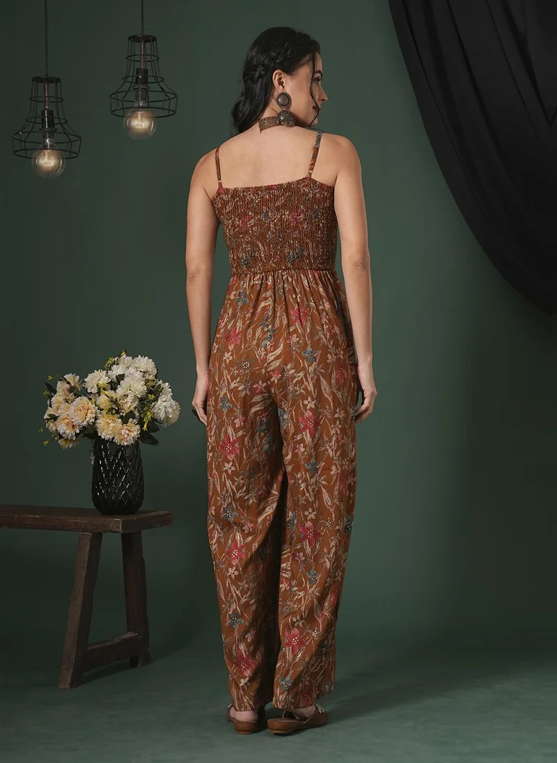 globus Rust Globus Women Square Neck Adjustable Strappy Shoulder Smocked Floral Print Fusion Jumpsuit for Women | Best Price UAE